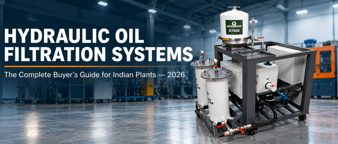 Hydraulic oil filtration system installed beside a hydraulic power unit in an industrial plant.