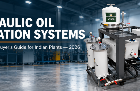Hydraulic oil filtration system installed beside a hydraulic power unit in an industrial plant.