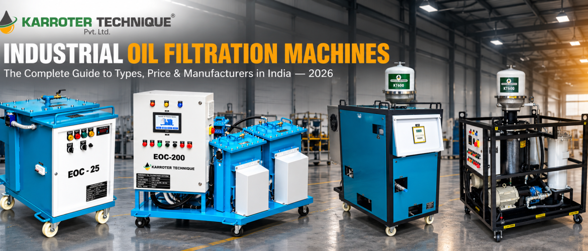 Industrial oil filtration machines lined up in a manufacturing facility showing multiple filtration technologies.
