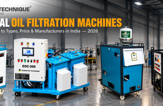 Industrial oil filtration machines lined up in a manufacturing facility showing multiple filtration technologies.