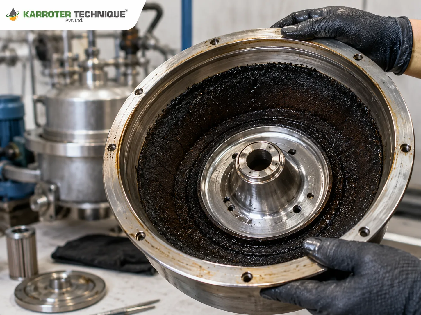 Open centrifugal rotor from a quenching oil filtration machine showing a dry sludge cake after cleaning.