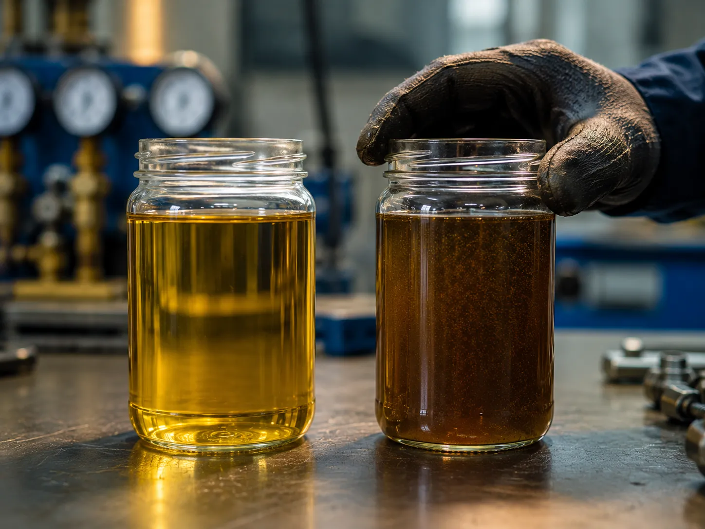 Side-by-side comparison of clean and contaminated hydraulic oil samples in glass sample jar,