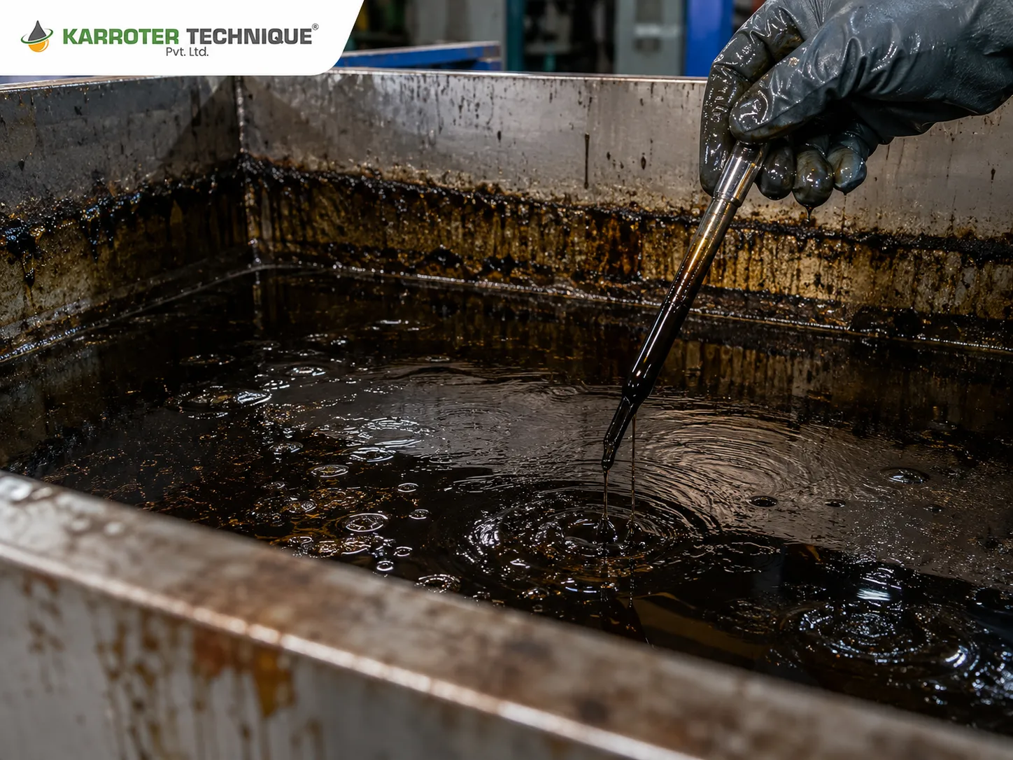 Dark, sludge-contaminated quenching oil showing carbon and soot buildup in an industrial tank.