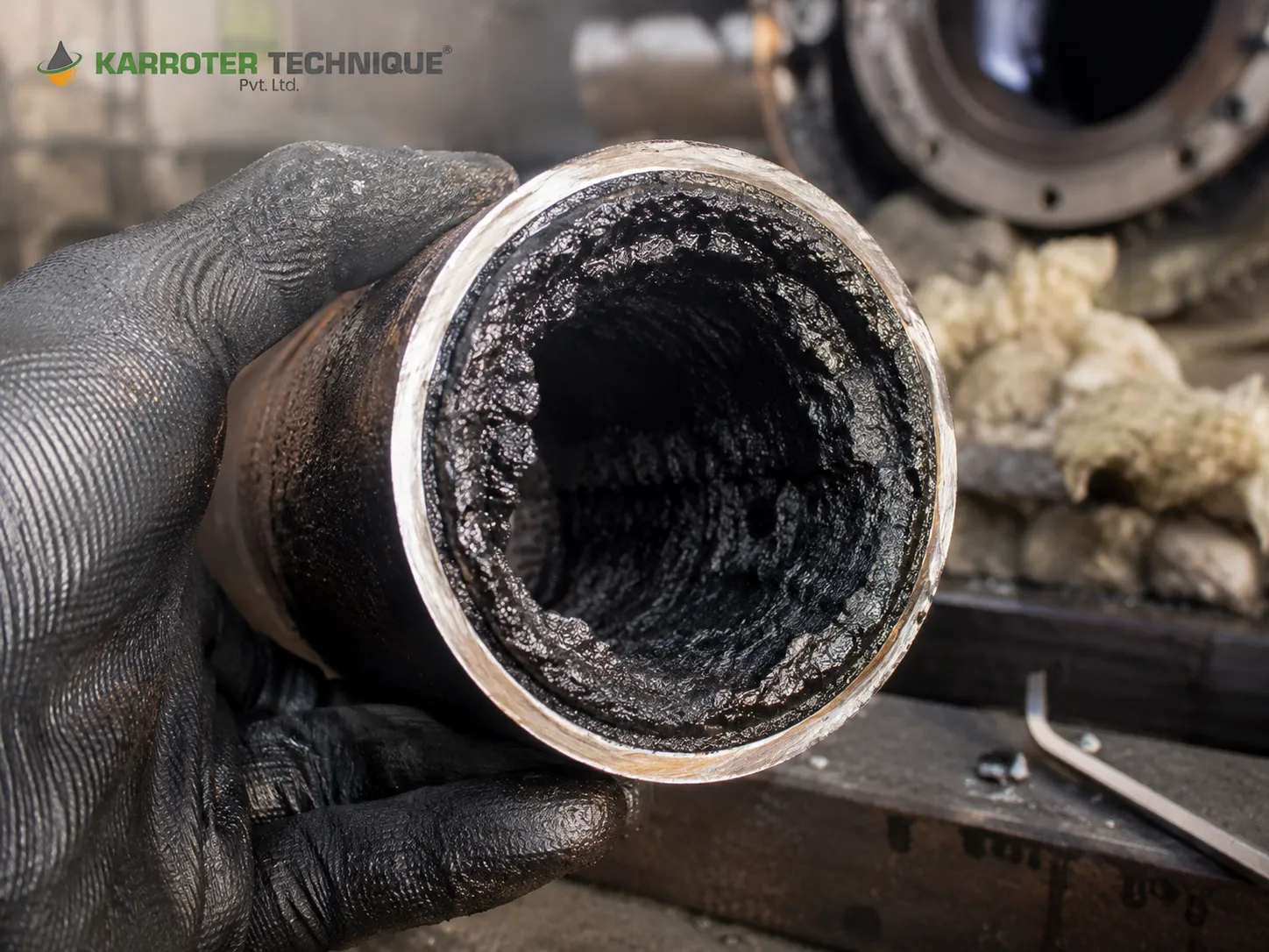 Carbon and scale deposits inside a thermic fluid heating pipe caused by contaminated thermic oil.