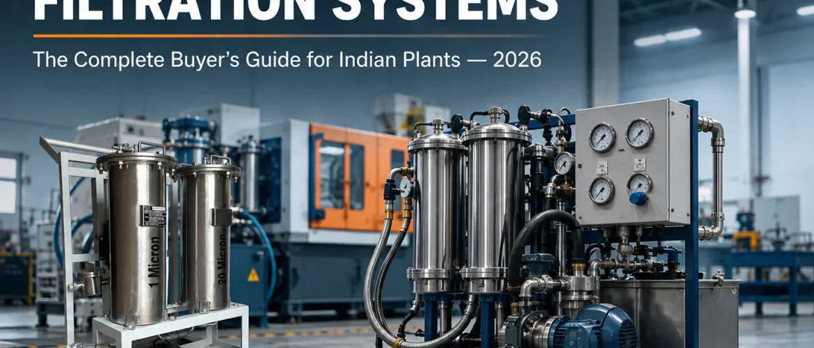 Hydraulic oil filtration system installed beside a hydraulic power unit in an industrial plant.