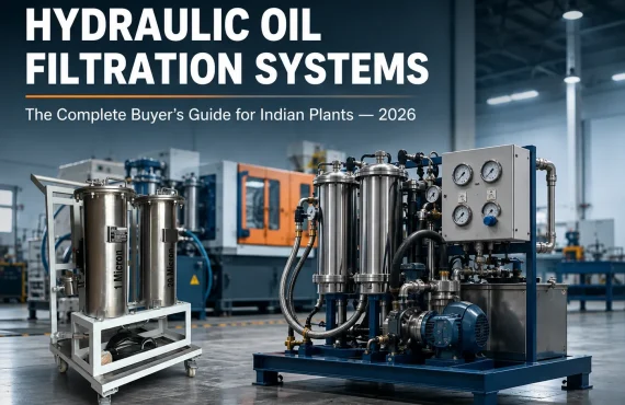 Hydraulic oil filtration system installed beside a hydraulic power unit in an industrial plant.