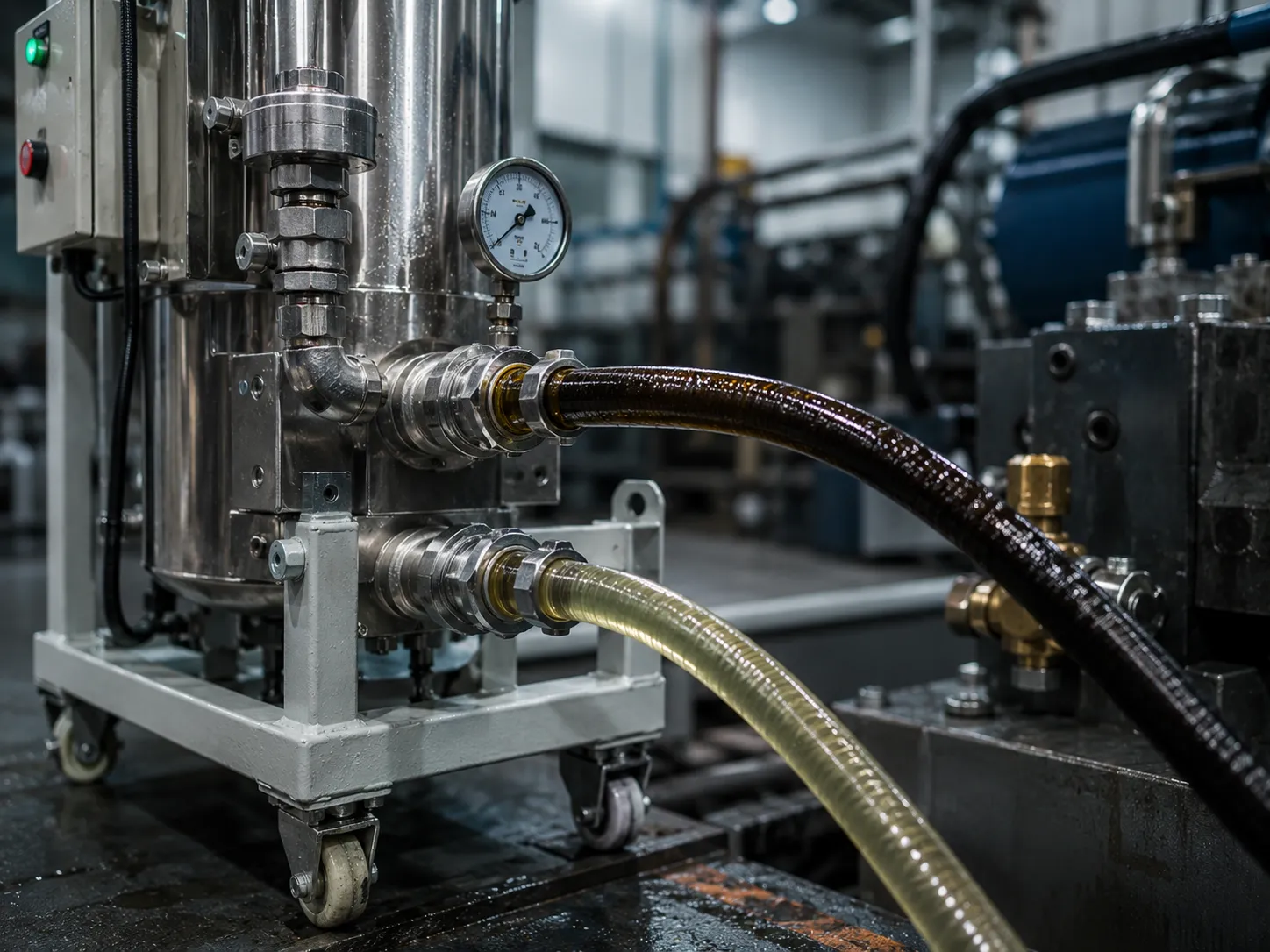 Offline hydraulic oil filtration system connected to a reservoir with hoses during continuous filtration.