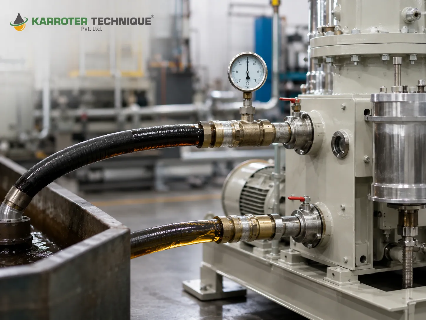 Industrial oil filtration machine drawing oil from a tank through hoses during continuous offline filtration.