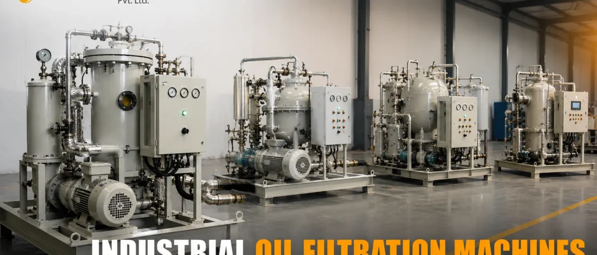 Industrial oil filtration machines lined up in a manufacturing facility showing multiple filtration technologies.