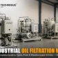 Industrial oil filtration machines lined up in a manufacturing facility showing multiple filtration technologies.