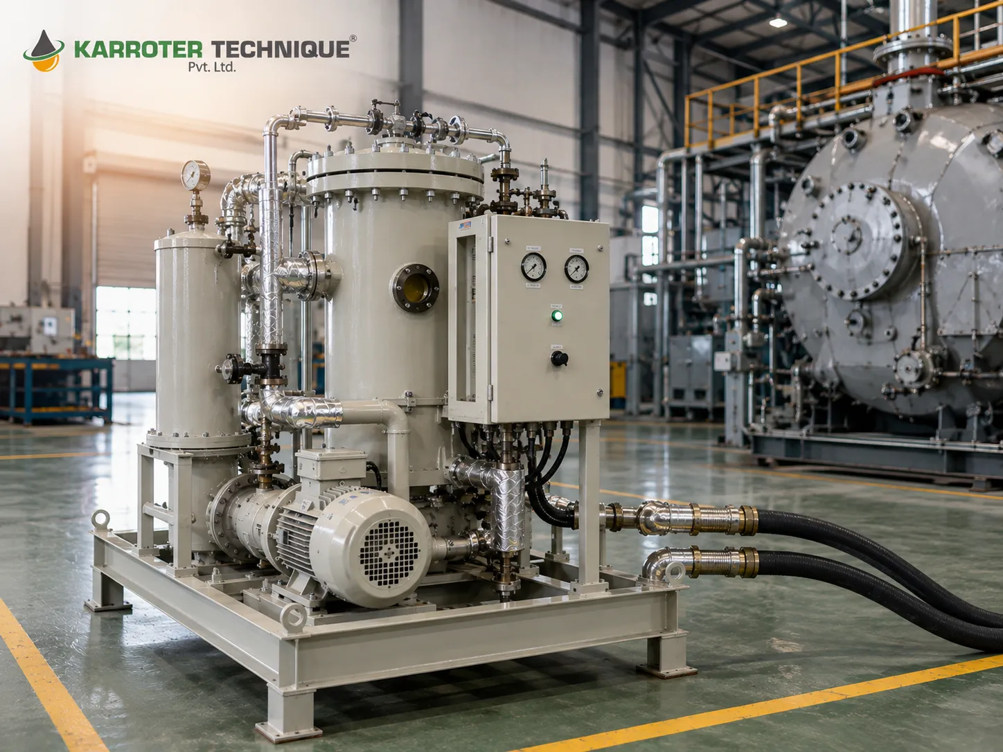 Karroter centrifugal industrial oil filtration machine installed in a Pune manufacturing plant.