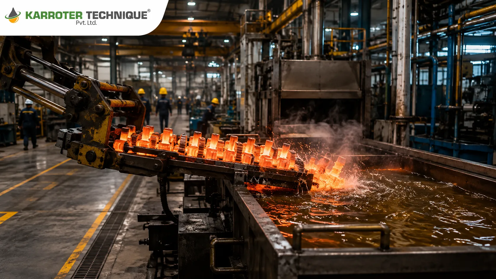 Glowing red-hot forged steel components being quenched on an industrial heat treatment hardening line.