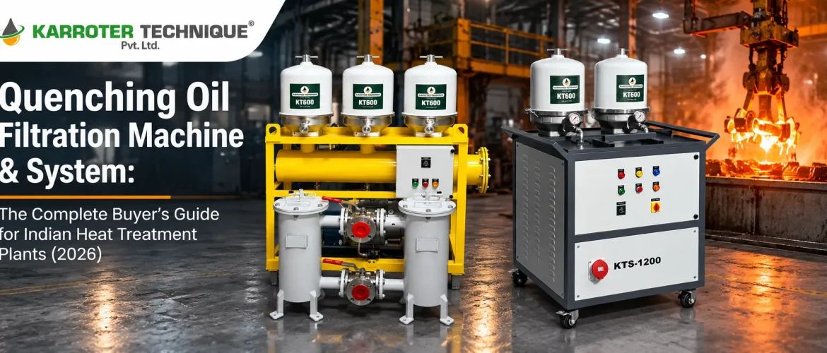 Quenching oil filtration machine installed beside an industrial quench tank in a heat treatment plant.