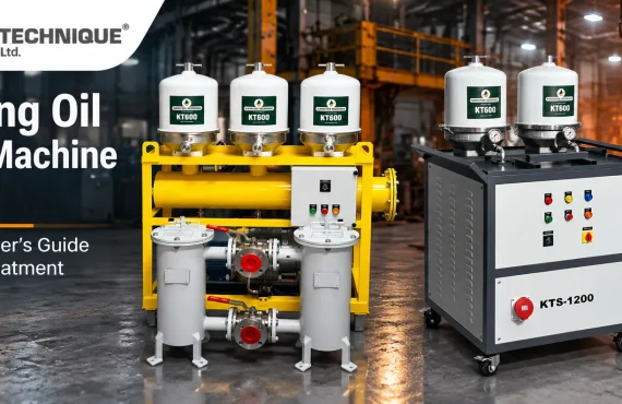 Quenching oil filtration machine installed beside an industrial quench tank in a heat treatment plant.