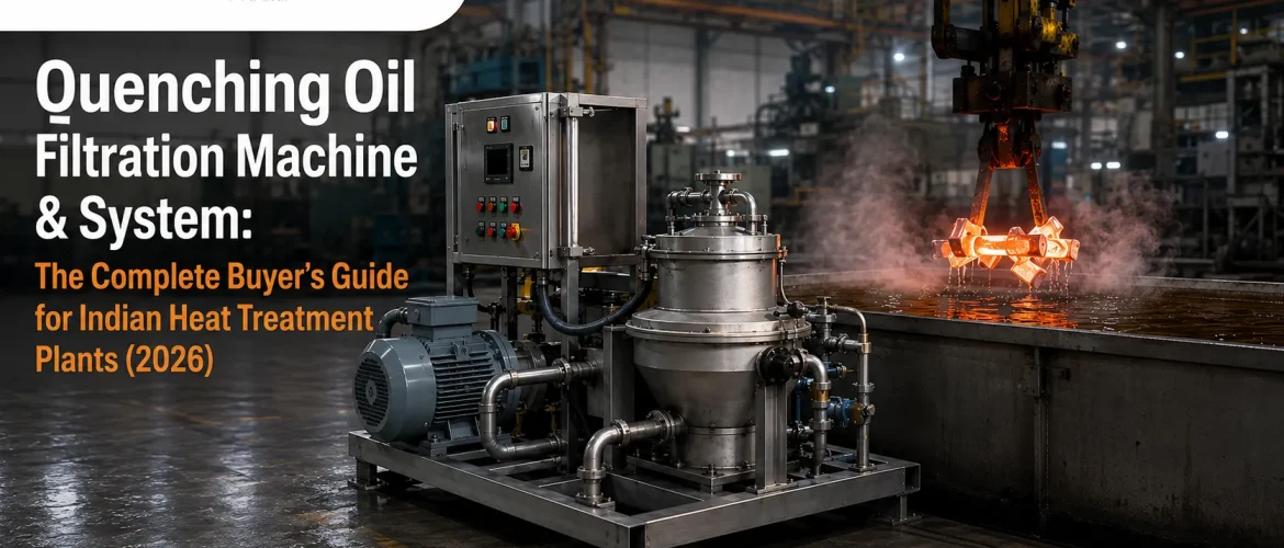 Quenching oil filtration machine installed beside an industrial quench tank in a heat treatment plant.