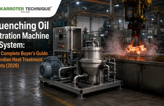 Quenching oil filtration machine installed beside an industrial quench tank in a heat treatment plant.