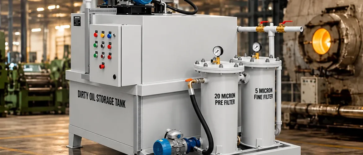 Thermic oil filtration machine installed beside a thermic fluid heater in an industrial process plant.