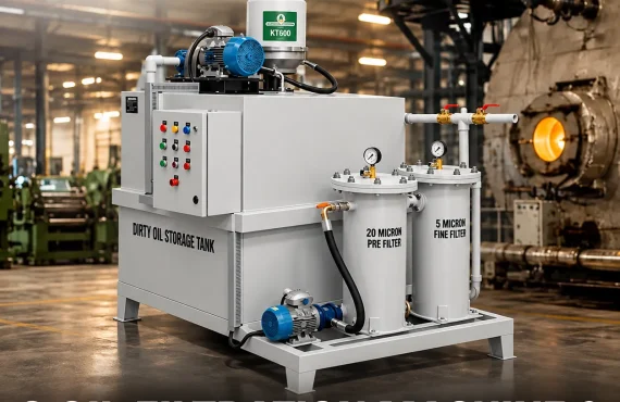 Thermic oil filtration machine installed beside a thermic fluid heater in an industrial process plant.