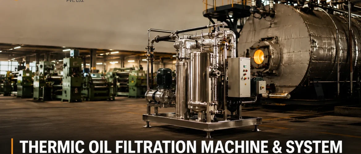 Thermic oil filtration machine installed beside a thermic fluid heater in an industrial process plant.