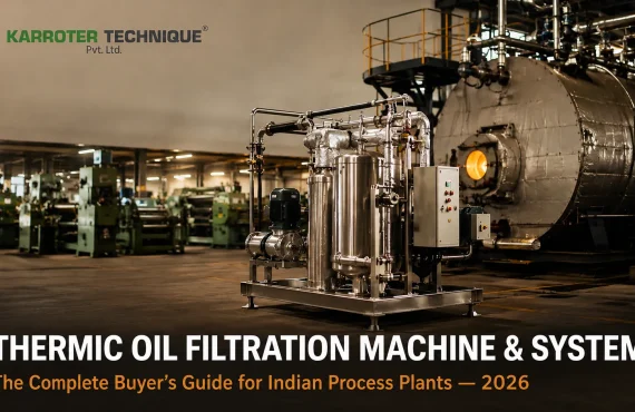 Thermic oil filtration machine installed beside a thermic fluid heater in an industrial process plant.