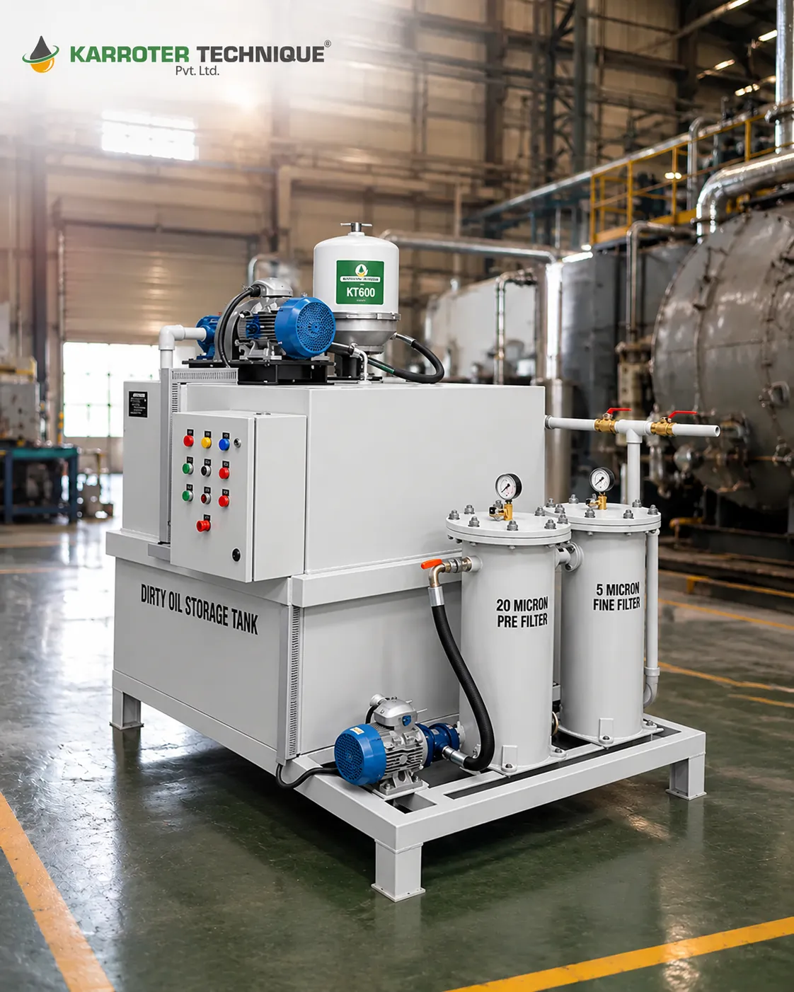 Karroter centrifugal industrial oil filtration machine installed in a Pune manufacturing plant.