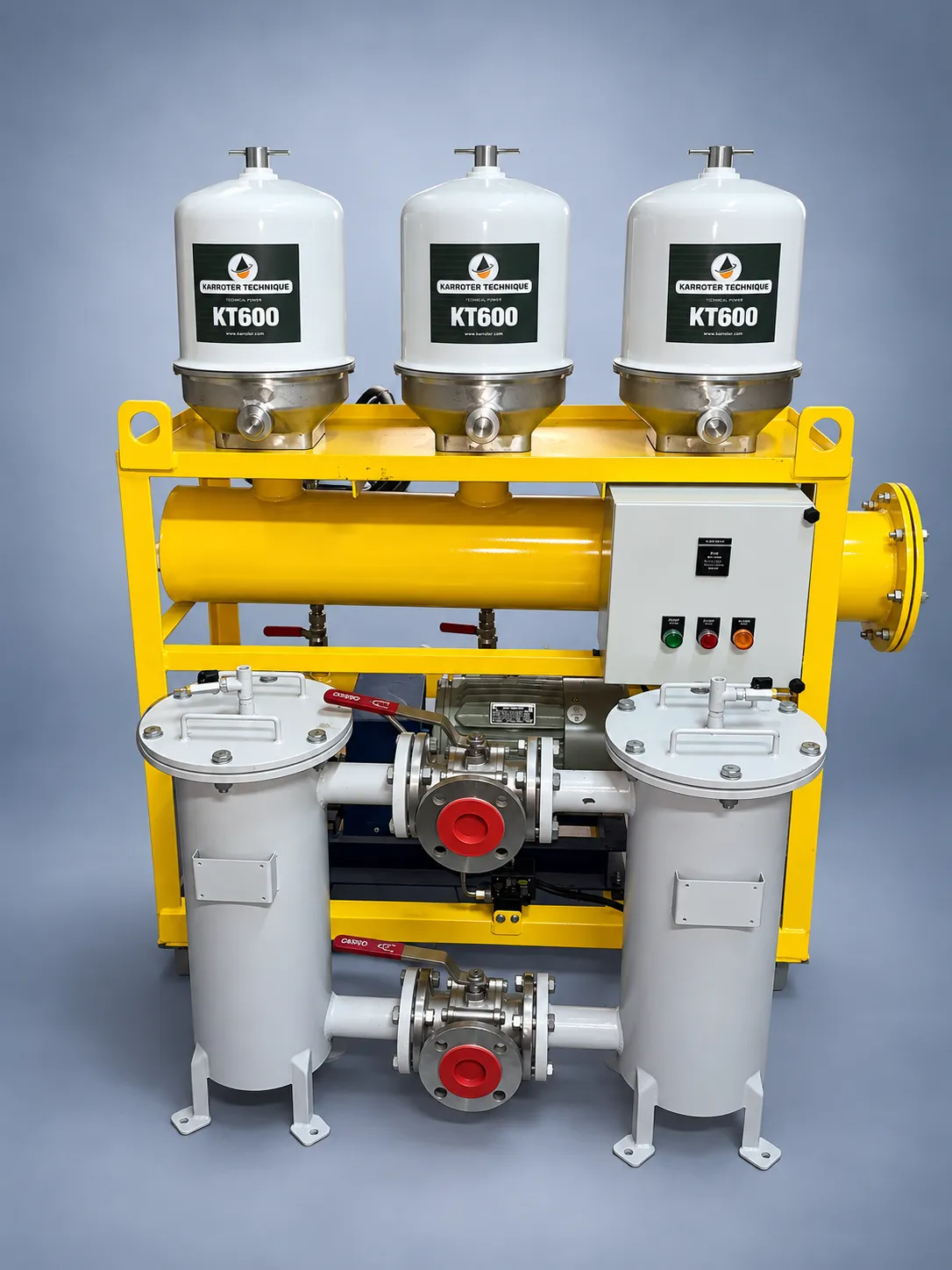KTS 1800 quenching oil filtration skid with three KT600 centrifuge filters, two filter housings and a control panel
