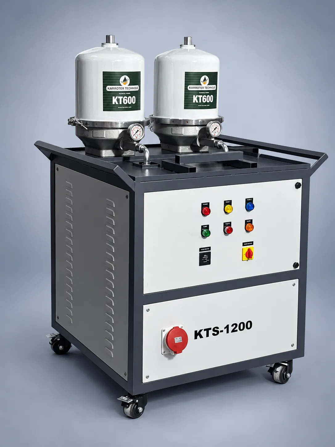 KTS 1200 mobile quenching oil filtration system with two KT600 centrifuge filters on a castor wheel trolley
